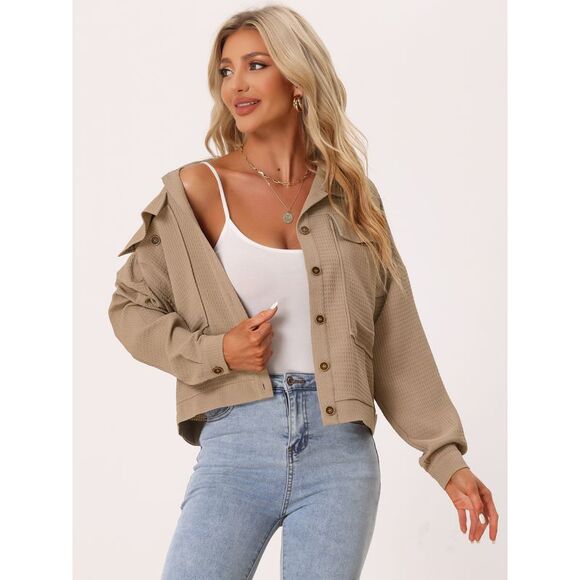 Waffle Shacket Jacket Drop Shoulder Pockets Collared Shirt Jackets Khaki - Picture 2 of 6